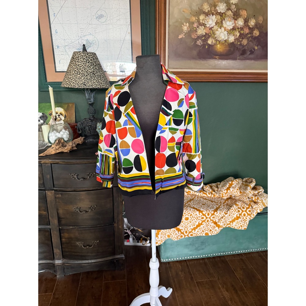 Transitions Women Multi Color Geometric Circle Print Cotton Sateen Blazer Large
